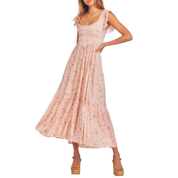 LoveShackFancy Women's "Chessie" Ballet Pink Floral Smocked Maxi Dress - Picture 2 of 12